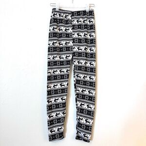 Black And White Reindeer Snowflake Aztec Design Pull On Leggings Small